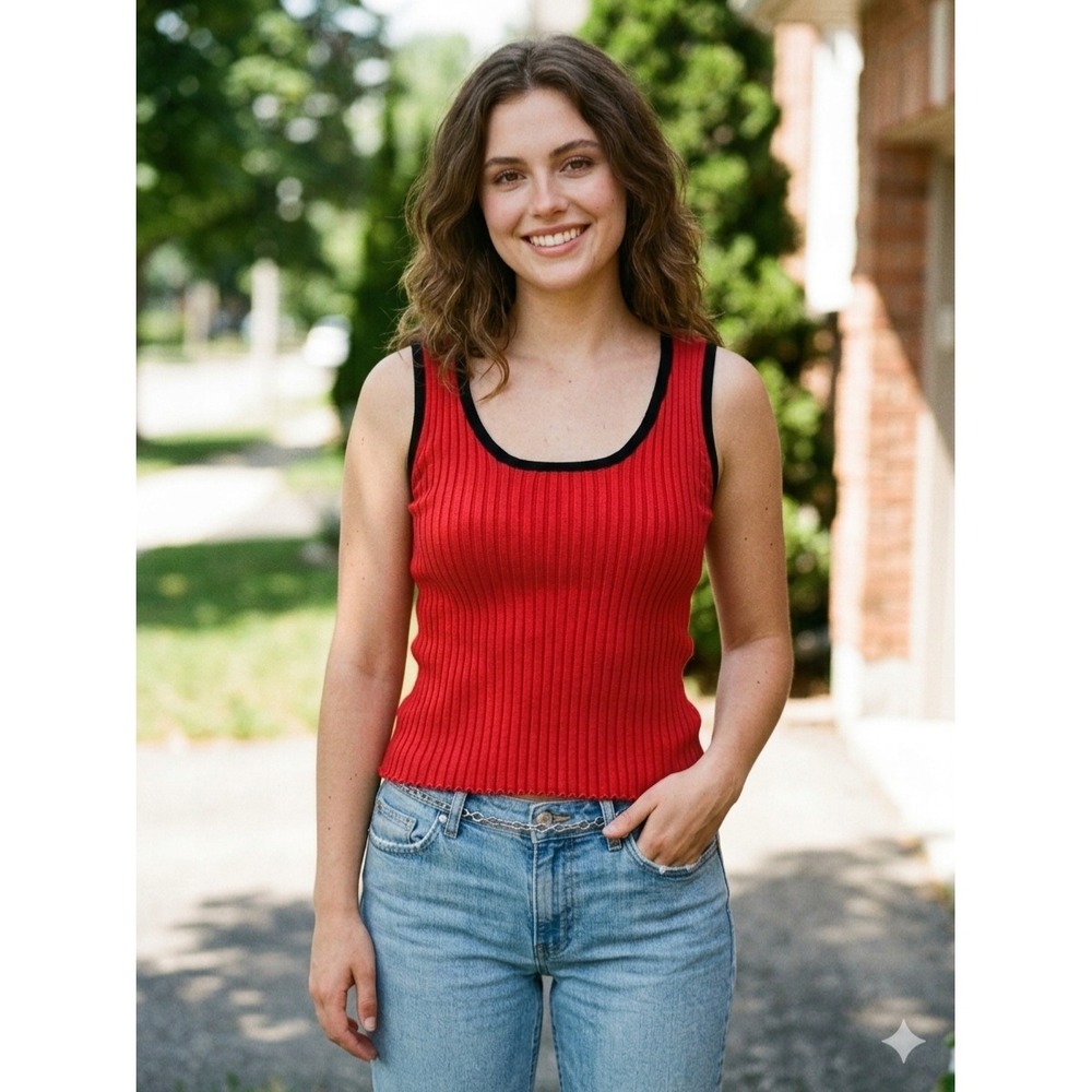 Belldini Y2K Retro Sleeveless Sweater Tank Lg Red/Black Trim Scoop Neck Stretch